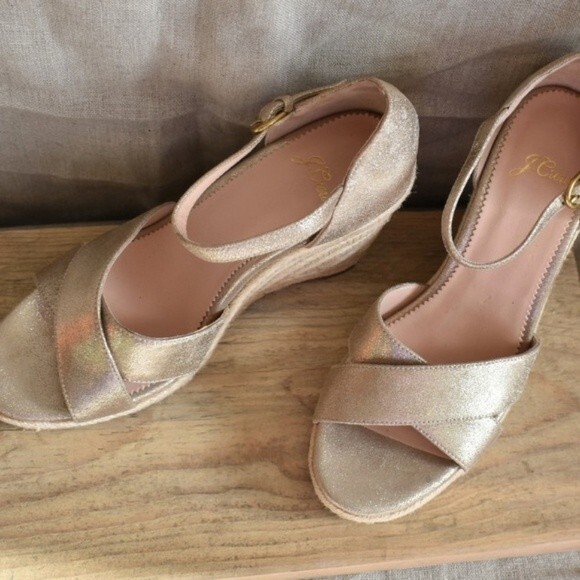 J. Crew Metallic Champagne Lt. Gold Leather Platform Espadrille Size 7.5 - Picture 3 of 11